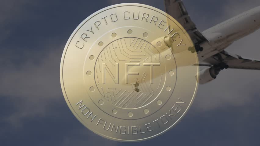Upon NFT coin spinning while jet descending, mirroring circuitry patterns on golden surface. Digital currency, financial technology, luxury, innovation, aviation, futuristic, reflection