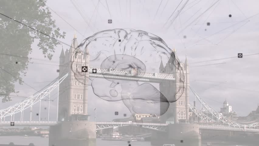 On start Tower Bridge fixed while 3D brain fading, rotating, linking nodes visualizing data network. Futuristic, technology, data, visualization, metropolis, digital, innovation - Powered by Shutterstock - Get 15% off with code: PIKWIZARD15