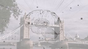 On start Tower Bridge fixed while 3D brain fading, rotating, linking nodes visualizing data network. Futuristic, technology, data, visualization, metropolis, digital, innovation - Powered by Shutterstock - Get 15% off with code: PIKWIZARD15