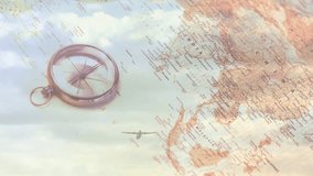 Airplane silhouette emerging from left flying behind compass across sepia map showing route. Navigation, exploration, vintage, adventure, transportation, travel planning, historic - Powered by Shutterstock - Get 15% off with code: PIKWIZARD15