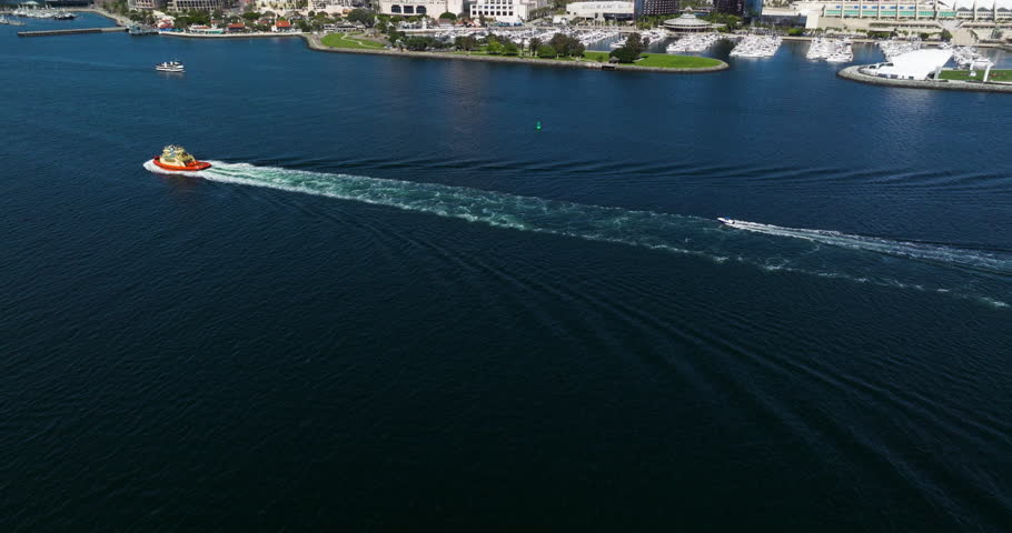 Boats At San Diego Bay With Skyline And Waterfront Marina In California, United States. Aerial Drone Shot