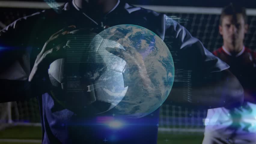 Soccer player holding ball initiating rotating globe drifting code and percentages in sports tech. Athlete, innovation, data, performance, digital, analysis, teamwork - Powered by Shutterstock - Get 15% off with code: PIKWIZARD15