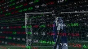 Keeper diving and deflecting incoming shot to save goal with finance data overlay scrolling. Athlete, sports, competition, digital, technology, motion, action - Powered by Shutterstock - Get 15% off with code: PIKWIZARD15