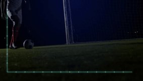 Sports analytics bars animating turf guiding soccer player dribbling toward net analyzing metrics. Dynamic, athletic, performance, technology, stadium, competition, movement - Powered by Shutterstock - Get 15% off with code: PIKWIZARD15