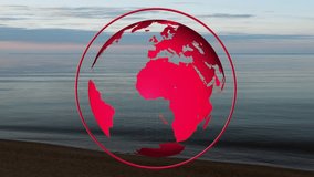Opening sunset seascape initiating red translucent globe spinning inside ring for global showcase. World, vista, tranquility, harmony, exploration, connection, design - Powered by Shutterstock - Get 15% off with code: PIKWIZARD15