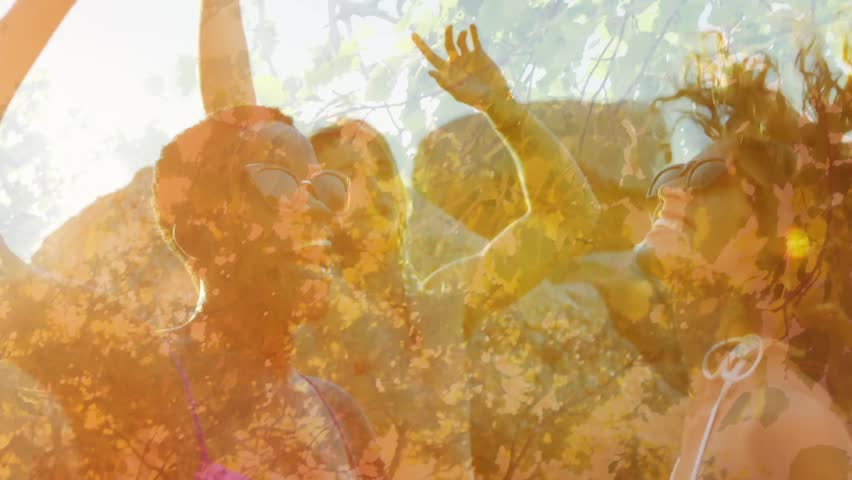 Woman wearing purple bikini dancing on shoreline at sunset, promoting health with animated sun rays. Adventure, camaraderie, leisure, outdoor, vibrant, empowerment, celebration