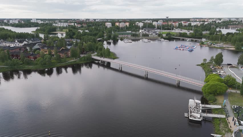 Oulu 2026, European Capital of Culture. Modern bike paths, bridges connecting islands, and city attractions. A green energy, sustainable city to explore by bike or on foot with family. Heritage, Drone