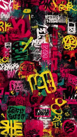 Seamless loop of a fast motion vertical background featuring vibrant street art tags and chaotic graffiti lettering