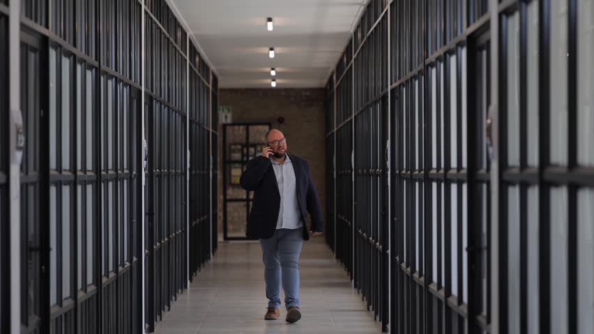 Man walks in office corridor toward camera talking on cell phone