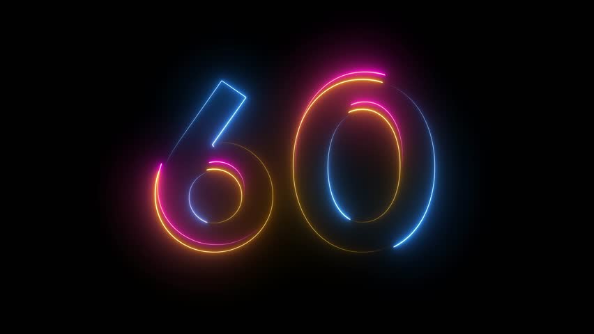 Neon countdown animation from 60 to 0. Colorful glowing line strokes trace of digit, luminous numbers on a dark background. HUD-style reverse minute timer animation. Intro, stream, event, broadcasts