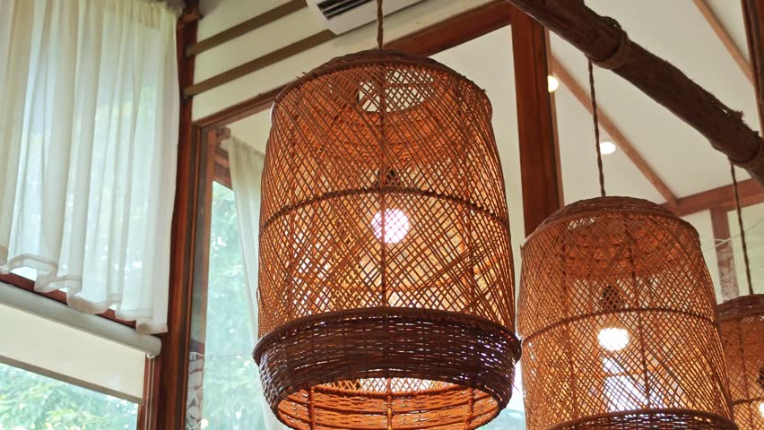 Bamboo woven lamp hanging from the ceiling