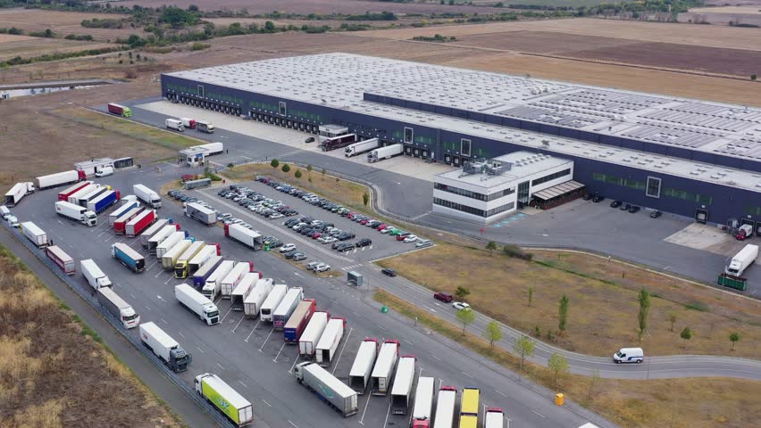 Aerial view to a logistics center and trucks of Lidl near to Sliven, Bulgaria