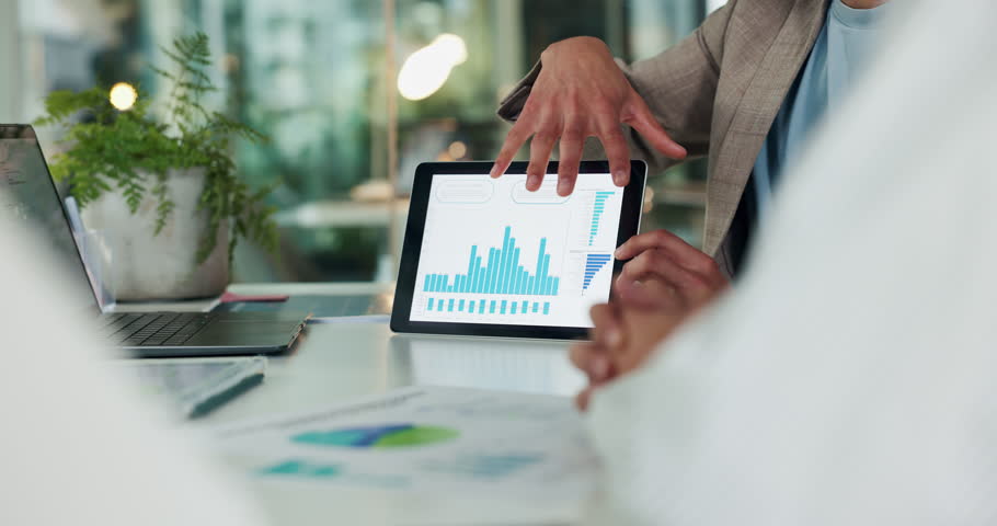 Hands, tablet and finance at office meeting with team, graphs or discussion for stats at investment company. Person, group and fintech app for review, charts and screen with collaboration at agency