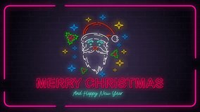 4K neon animation video with glowing Santa face, stars, holly leaves, and text "Merry Christmas and Happy New Year" on dark brick wall. Perfect for festive ads, social media, invitations, and greeting - Powered by Shutterstock - Get 15% off with code: PIKWIZARD15