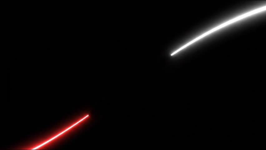 Animation Abstract digital art depicting the dynamic clash of red and white glowing energy trails on a black background, representing duality and motion