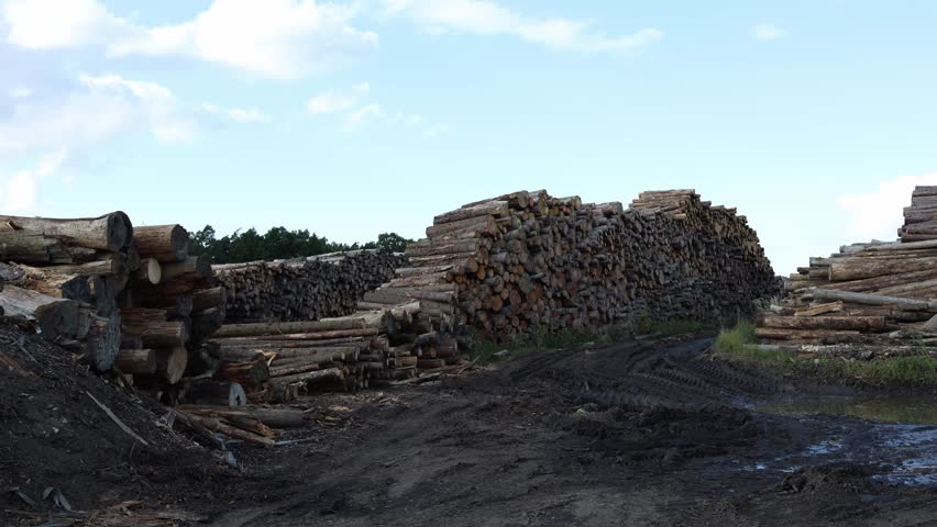 Enormous stacks of cut timber logs arranged in long rows on muddy industrial logging site under cloudy blue sky symbolizing forestry deforestation natural resources exploitation and wood supply indust