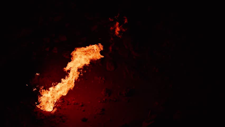 Closeup view of a flame inside the Darvaza Gas Crater in Turkmenistan