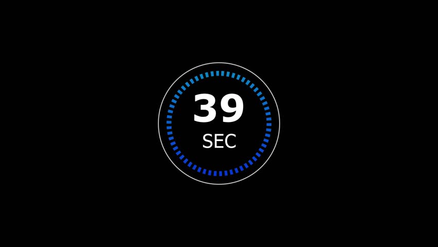 39-Seconds Countdown Timer Animation. Flat Style Stopwatch Icon on Black Background 4K video.