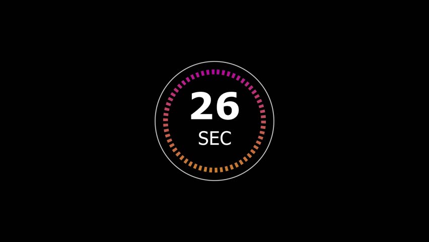 26-Seconds Timer Countdown Animation. Digital Stopwatch Icon 26 to 0 Seconds on Black Background 4K video.