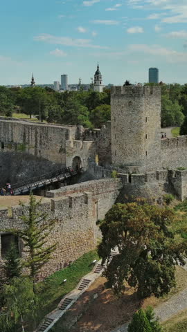 Aerial view of Kalemegdan fort in Belgrade Serbia and Sava river at summer. Vertical video 4k