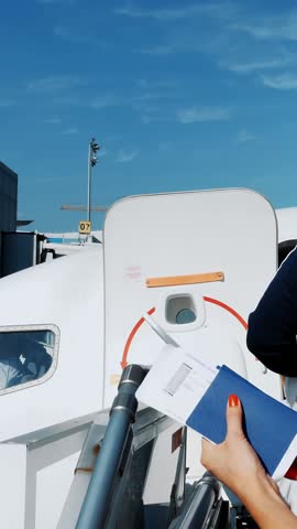Brunette woman in sun glasses, with backpack, holding Airline boarding pass tickets, and passport at airport, on background of the aircraft. summer