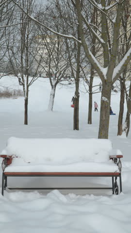 Vertical video of snow covered bench in city park. In distance behind trees, blurred people and children are sliding down hill on snow tube. Natural backdrop of snowy day after snowstorm.