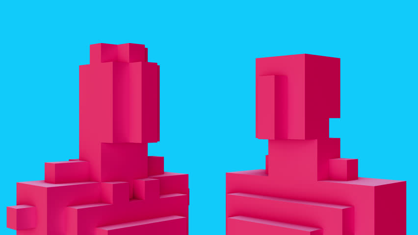Two pink silhouette of human body is assembled from cubes on blue background. Abstract surrealistic colorful 3d animation. - Powered by Shutterstock - Get 15% off with code: PIKWIZARD15