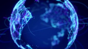 Futuristic Polygonal Global Network Animation with 3D digital world data connections, abstract blue wireframe globe, AI science visualization, and virtual earth motion graphics for modern technology - Powered by Shutterstock - Get 15% off with code: PIKWIZARD15