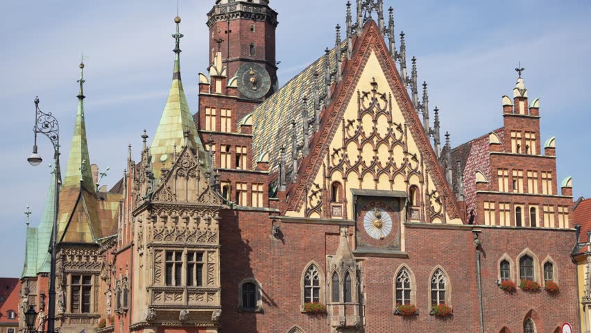 Ornate Gothic facade of Wroclaw old Town Hall, now museum of Bourgeois Art