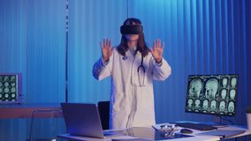 Doctor in White Coat Interacts With Virtual Reality Interface to Study Brain MRI Scans. Concept of Medical Research, Advanced Diagnostics, and Healthcare Innovation Through VR Technology. - Powered by Shutterstock - Get 15% off with code: PIKWIZARD15