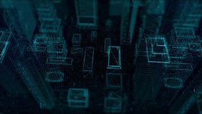 Digital Smart City Technology Animation with futuristic wireframe urban buildings, abstract 3D cityscape, AI data science, cyber metropolis infrastructure, and high-tech motion graphics for innovation - Powered by Shutterstock - Get 15% off with code: PIKWIZARD15