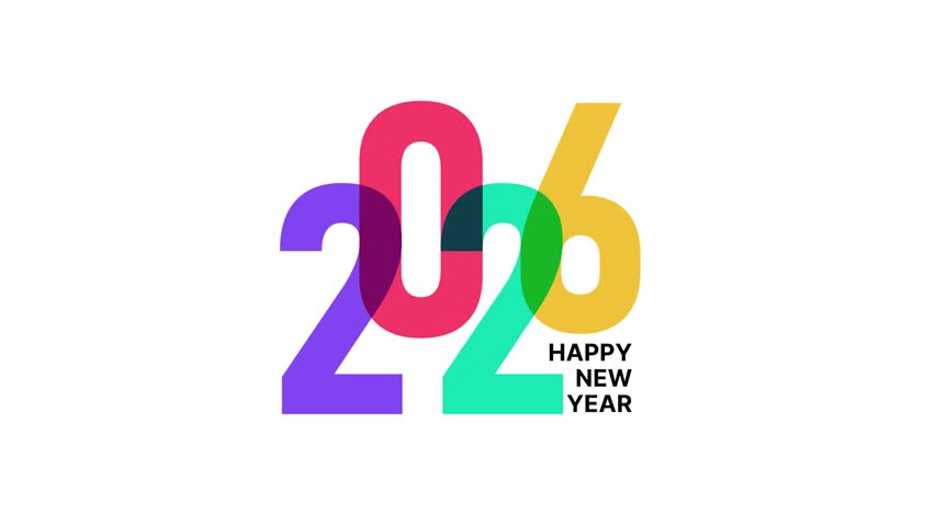 2026 happy new year colorful overlapping text animation overlap 2026 numbers new year animation on white background	
