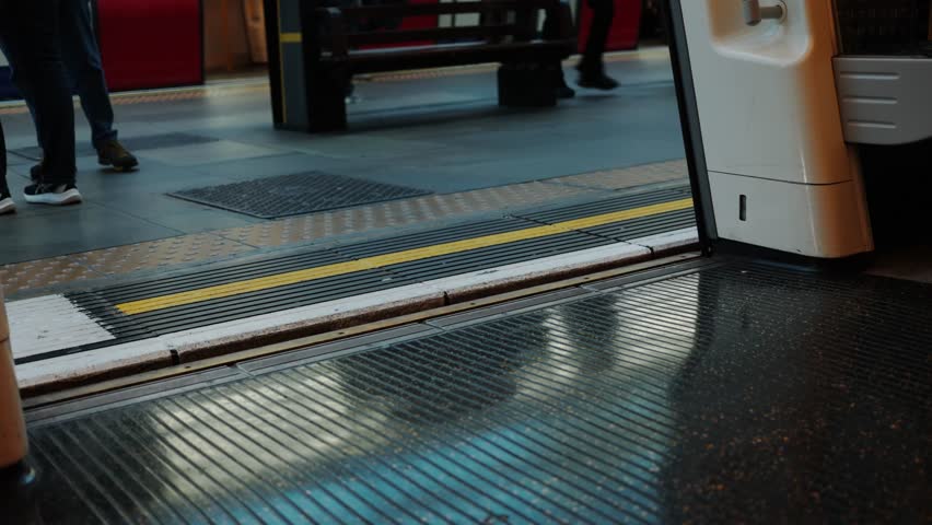 View from open doors of London Underground train at station, platform textures, passengers walking, classic city commute scene. - Powered by Shutterstock - Get 15% off with code: PIKWIZARD15