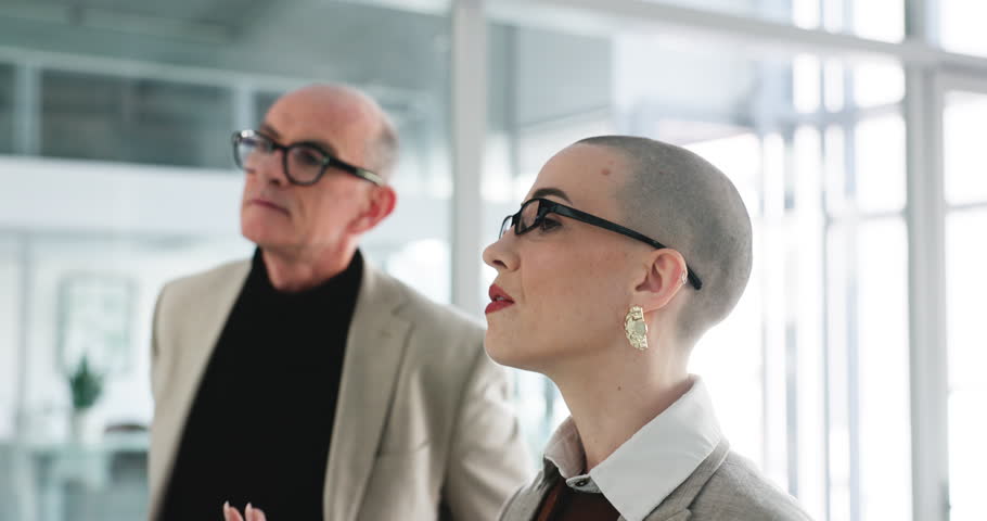 Business, people and glass wall with discussion in office for story ideas, article outline and info. Flare, editor and journalist notes for publication workflow, planning headline or project teamwork