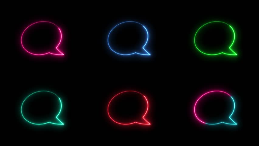 A set of glowing neon speech bubble outline animations in multiple vibrant colors on a black background, communication, social media, messaging app, or online chat interface - Powered by Shutterstock - Get 15% off with code: PIKWIZARD15