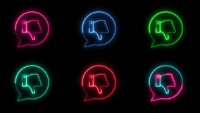 Set of glowing neon thumbs down animations in various colored speech bubbles on black, disapproval, negative feedback, social media, or low rating - Powered by Shutterstock - Get 15% off with code: PIKWIZARD15