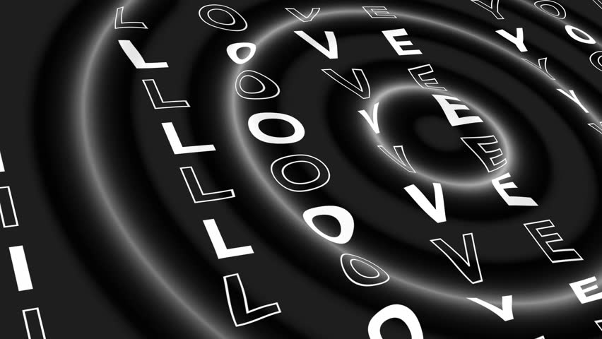 A trendy, high-contrast, black and white kinetic typography background. The words "I LOVE YOU" spiral outward in a rhythmic, hypnotic tunnel effect, perfect for Valentine's Day.