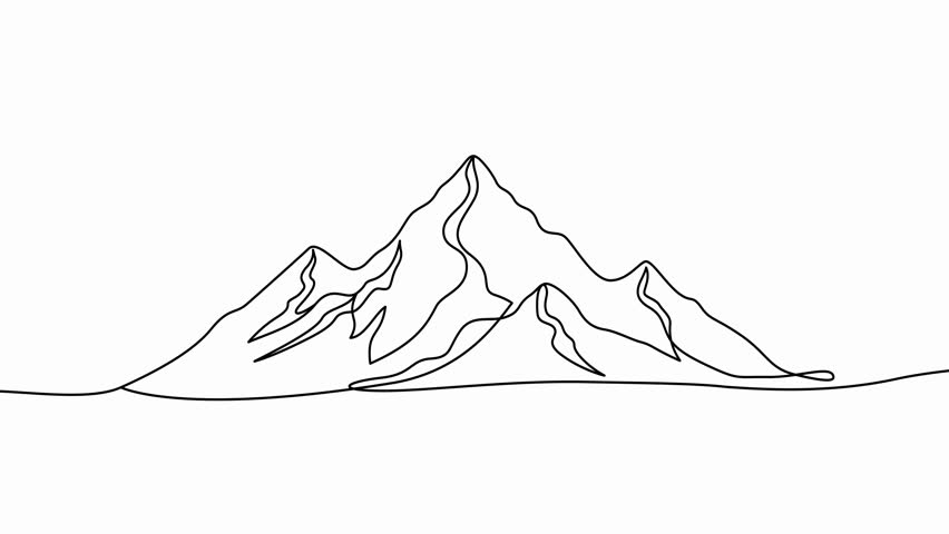 Minimalist single line drawing of mountains created with continuous contour movement. This modern and elegant design is perfect for wall art, posters, branding, nature-inspired graphics, creative pres