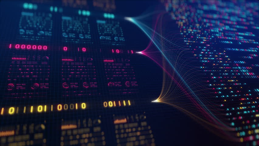 Big Data Analytics Neural Network Data Flow Visualization, AI Machine Learning, Quantum Computing, Binary Code Digital Grid, Futuristic Artificial Intelligence Technology Abstract Background