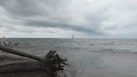 Ocean waves crashing on driftwood with lighthouse in background, Charleston coast - Powered by Shutterstock - Get 15% off with code: PIKWIZARD15