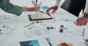 Hands, business and people with tablet in meeting for ux design, ui layout and interface planning. Women, document and digital screen with wireframe of user experience, app template and display ideas - Powered by Shutterstock - Get 15% off with code: PIKWIZARD15