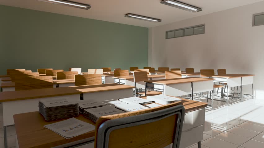 Bright sunlight streaming through windows, casting moving shadows across desks in an empty classroom. The scene depicts a serene educational setting