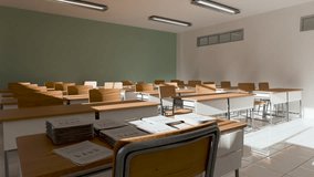 Bright sunlight streaming through windows, casting moving shadows across desks in an empty classroom. The scene depicts a serene educational setting - Powered by Shutterstock - Get 15% off with code: PIKWIZARD15