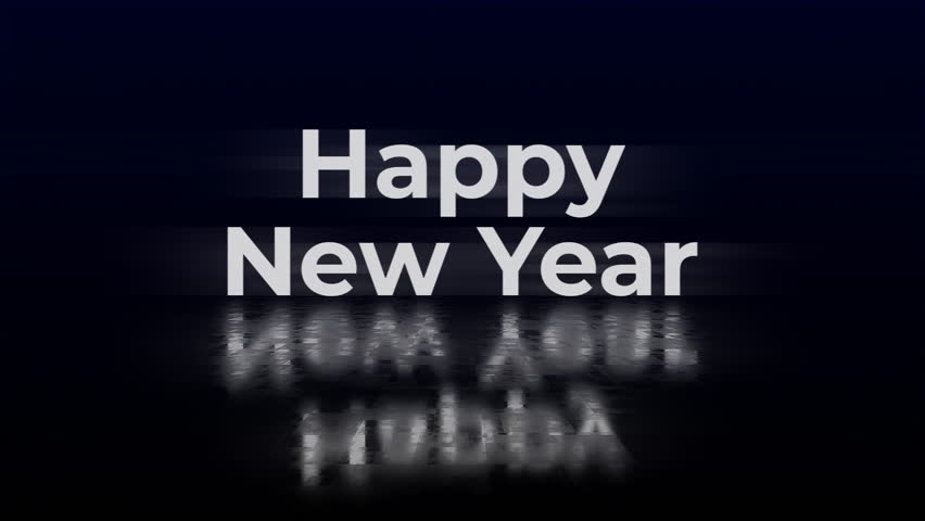 Happy New Year greeting in neon glitch style with RGB split, scanlines, and glossy floor reflections on black background. 4K video
