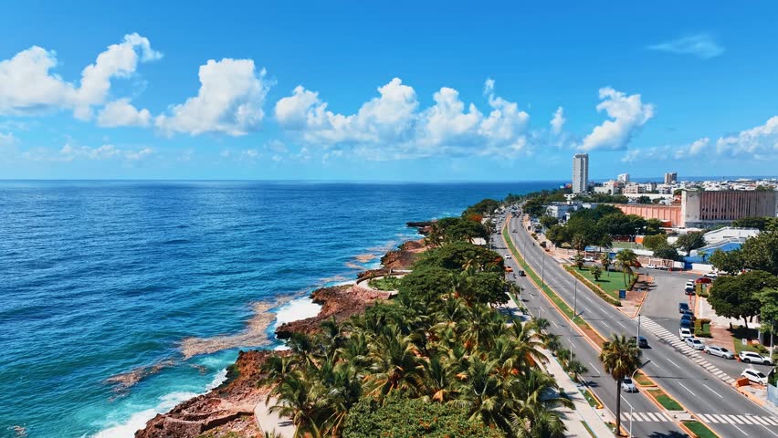 An aerial view of the beautiful coastal city of Santo Domingo, Dominican Republic. Drone view of modern city buildings and a road on the ocean coast. A picturesque seaside coastline with palm trees.