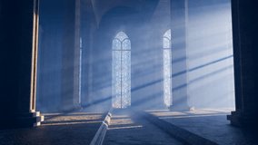 Light rays pass through stained glass window, illuminating a mysterious, ethereal cathedral interior filled with atmospheric fog - Powered by Shutterstock - Get 15% off with code: PIKWIZARD15