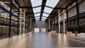 Modern industrial building interior revealing spacious, light-filled space with sleek skylight, expansive glass walls, showcasing contemporary architectural design and minimalist aesthetic - Powered by Shutterstock - Get 15% off with code: PIKWIZARD15