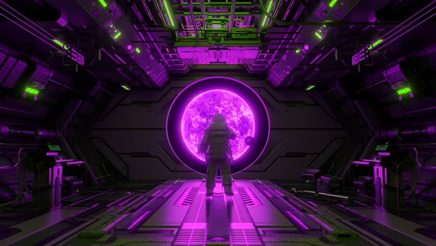 Spacesuit-clad astronaut walking cautiously through dimly lit spaceship corridor, approaching mysterious glowing purple portal radiating ethereal energy - Powered by Shutterstock - Get 15% off with code: PIKWIZARD15