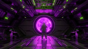 Spacesuit-clad astronaut walking cautiously through dimly lit spaceship corridor, approaching mysterious glowing purple portal radiating ethereal energy - Powered by Shutterstock - Get 15% off with code: PIKWIZARD15
