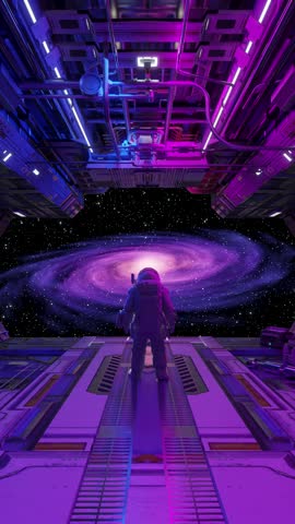 Lone astronaut stands on space station, gazing at breathtaking spiral galaxy in vastness of space. 3d render